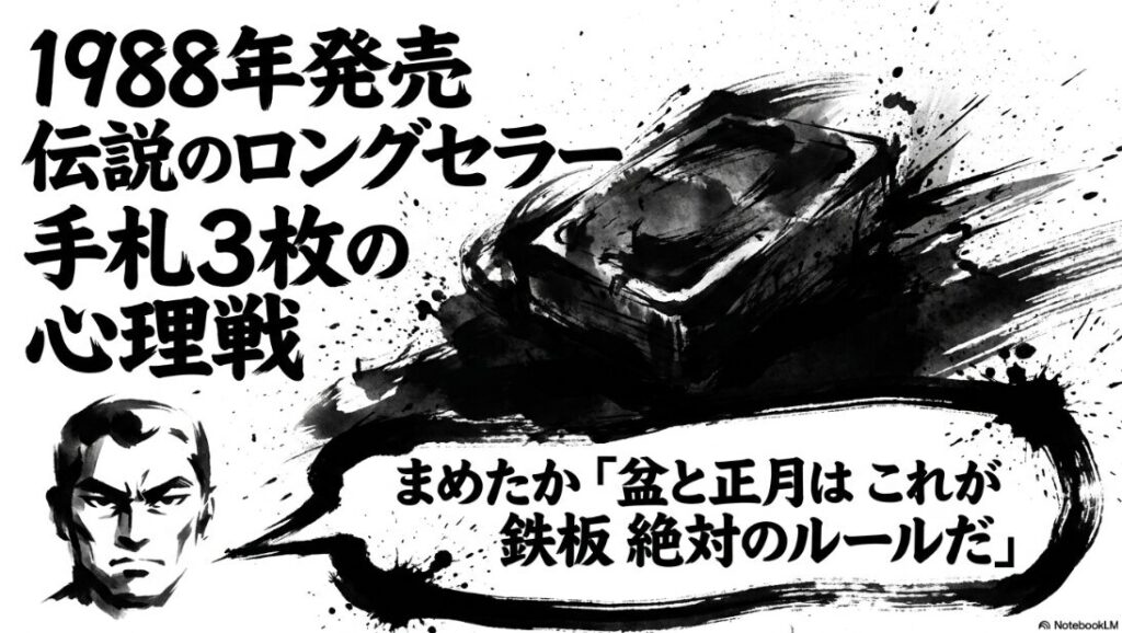 歴史の重みを感じさせる筆致で描かれたカードの山。テキストは「1988年発売 伝説のロングセラー 手札3枚の 心理戦」