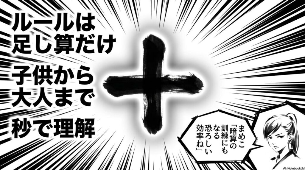  足し算をイメージさせる数字のアイコンと笑顔のシルエット。テキストは「ルールは 足し算だけ 子供から 大人まで 秒で 理解」