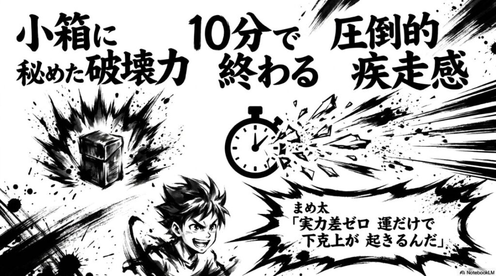 小さなゲーム箱から衝撃波が広がるダイナミックな図解。テキストは「小箱に 秘めた 破壊力 10分で 終わる 圧倒的 疾走感」