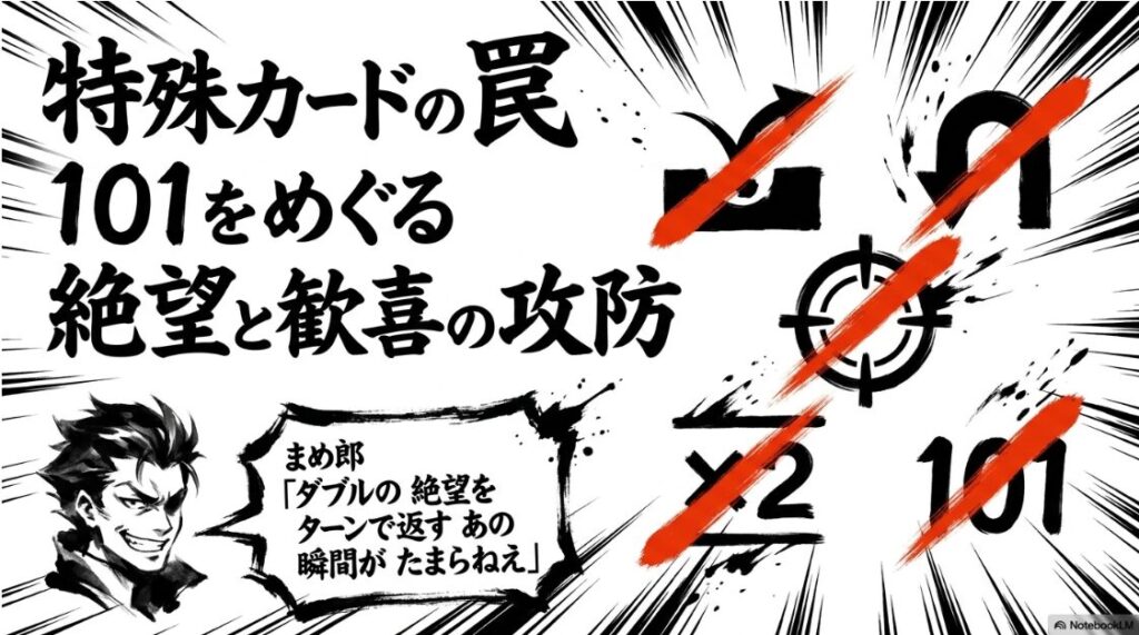 「101」の数字と特殊カードが朱赤で強調された戦場。テキストは「特殊カードの 罠 101を めぐる 絶望と 歓喜の 攻防」