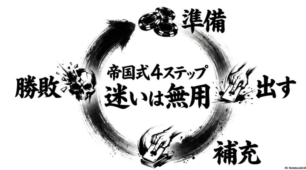 「準備」「出す」「補充」「勝敗」の4項目がアイコンで整列した陣形。テキストは「帝国式 4ステップ 準備 出す 補充 勝敗 迷いは 無用」