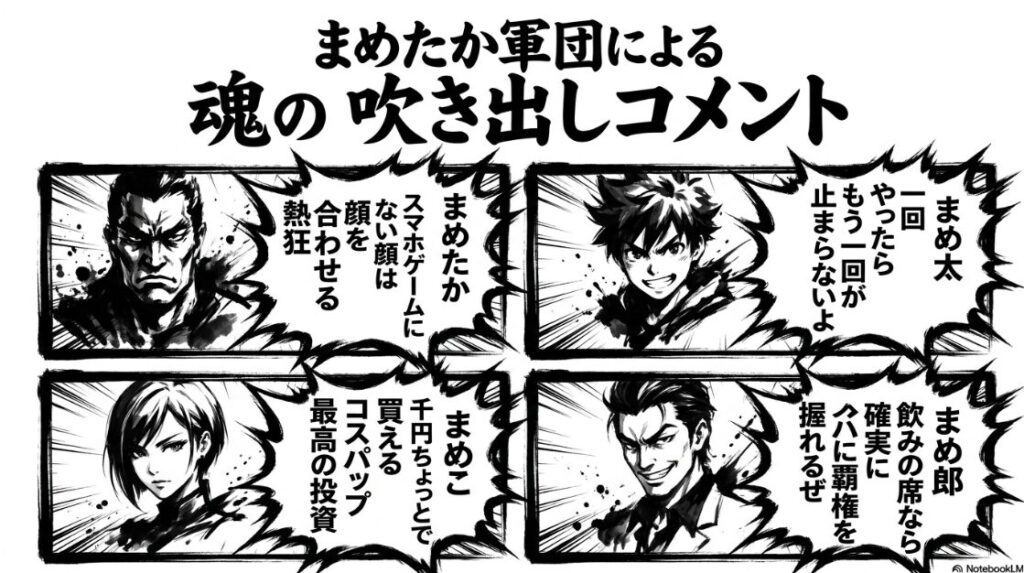 まめたか軍団4名のキャラクターイラストと吹き出し。
まめたか 「盆と正月は これが鉄板 盛り上がる 物理的根拠が ここにある」
まめ太 「ダブルを パスで逃げる 瞬間が 最高に 気持ちいい！」
まめこ 「単なる遊びじゃない 計算ミスが 命取りになる 冷徹なゲームね」
まめ郎 「旅先や 飲み会を 一瞬で 戦場に 変える 破壊力だぜ！」