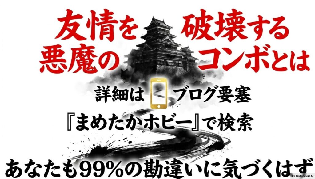 中央に検索窓のアイコン。テキストは「詳細は ブログ要塞 『まめたかホビー』 で 検索」