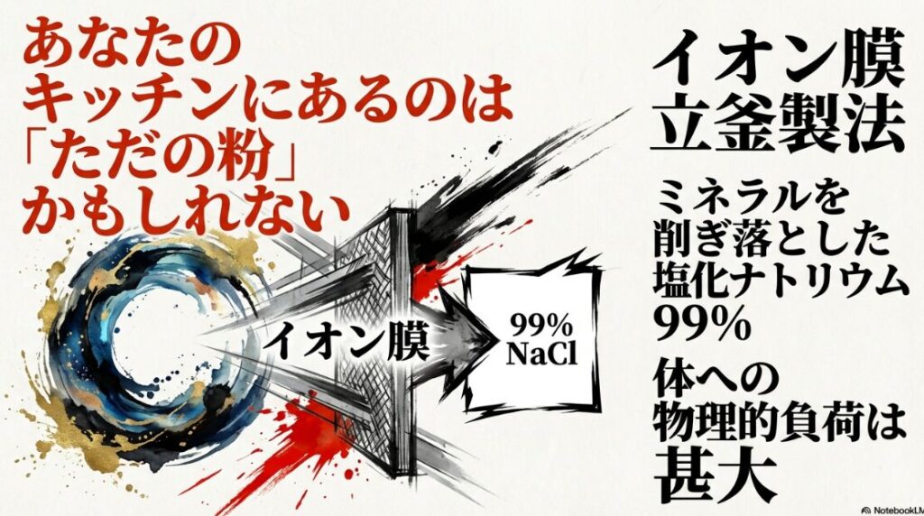 無機質な 化学工場と 白い 粉の シルエットに 精製塩の 罠 と 警告する 文字が 重なる 視覚的 制圧画像