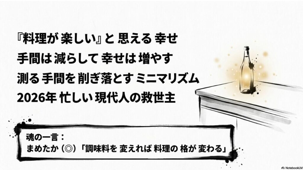 二本の 役割を 一本に 統合し 計量の 手間を 削ぎ落とした ミニマルな キッチンの 理想像 まめたか（◎）が 料理の 格が 変わる と 宣言する 魂の 吹き出し