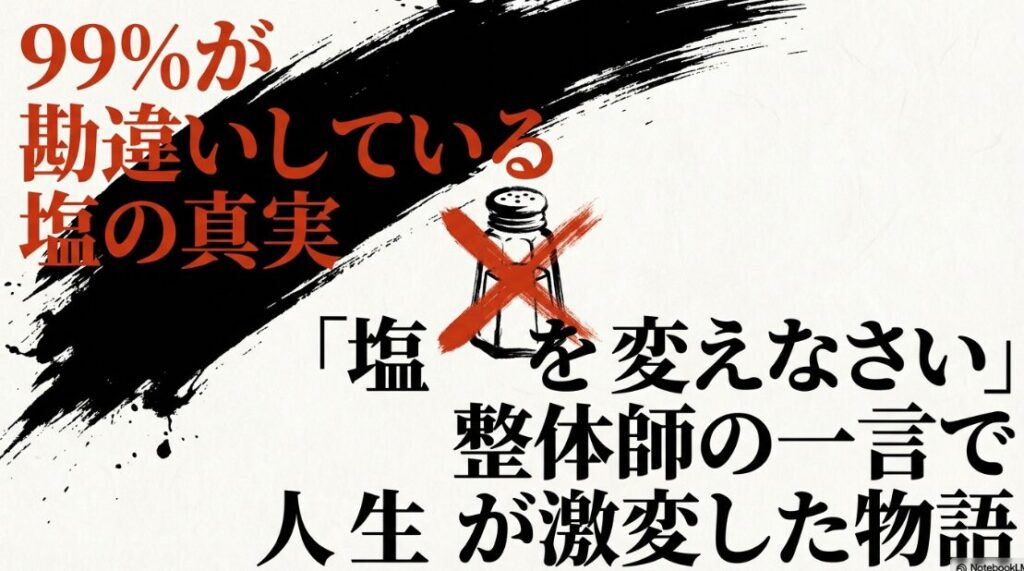 水墨画調の 荒々しい 大波が 岩に 砕ける 背景に 99%が 勘違いしている 塩の 真実 という 巨大な 文字が 浮かぶ 表紙画像