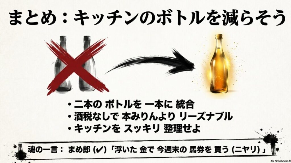 コスパの 限界突破を 示す 酒税ゼロの 金貨アイコンと 整理整頓された 戦場の 棚 まめ郎（✔︎）が 浮いた 金で 馬券を 狙う 欲望の コメント