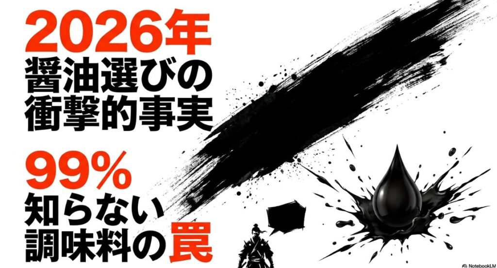 中央テキスト: 2026年 醤油選びの 衝撃的事実
下部テキスト: 99%が 知らない 調味料の 罠
背景描写: 白磁の皿に 漆黒の醤油が 一滴 落ち 黄金の 波紋が 広がる 爆発的な 水墨画