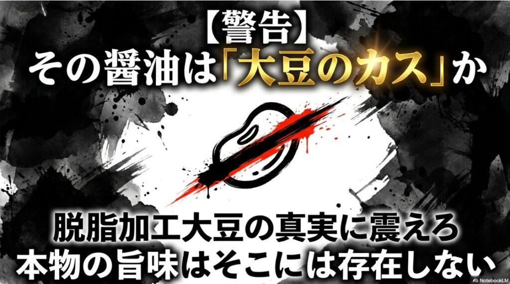 上部見出し: 【警告】 その 醤油は 「大豆の カス」 か
中央テキスト: 脱脂加工大豆の 真実に 震えろ / 本物の 旨味は そこには 存在しない
背景描写: 荒々しい 筆致で 描かれた 雲海と 稲妻 視覚的な 不安と 緊張を 煽る モノクローム