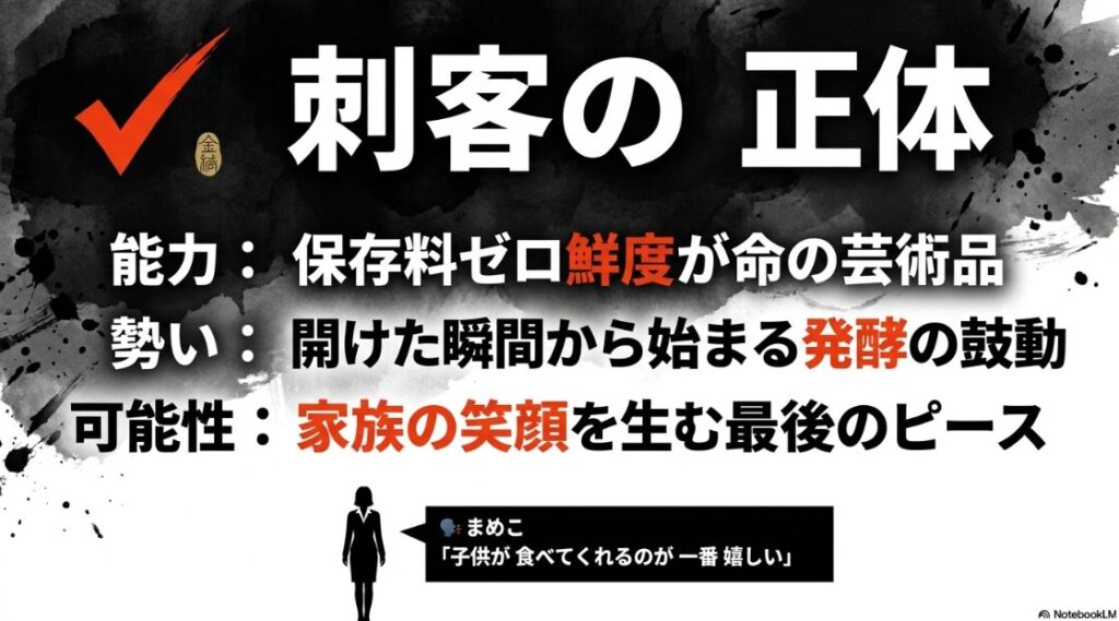 ✔︎ 刺客の 正体(唯一の 注意点)
左側: 能力: 保存料 ゼロ 鮮度が 命の 芸術品
中央: 勢い: 開けた 瞬間から 始まる 発酵の 鼓動
右側: 可能性: 家族の 笑顔を 生む 最後の ピース
魂の一言: 🗣️ まめこ 「子供が 食べてくれるのが 一番 嬉しい」
背景描写: 静謐な 空間に 置かれた 醤油瓶 鮮烈な 朱赤の 落款が 鮮度を 象徴する