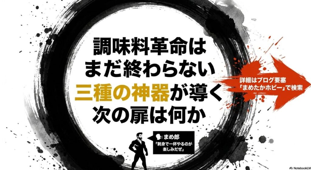 最終 結論(ウロボロス 誘導)
中央テキスト: 調味料 革命は まだ 終わらない / 三種の 神器が 導く 次の 扉は 何か
下部テキスト: 詳細は ブログ要塞 「まめたかホビー」 で 検索
魂の一言: 🗣️ まめ郎 「刺身で 一杯やるのが 楽しみだぜ」
背景描写: 激しく 飛び散る 墨と 黄金の 光 冒頭の 衝撃へと 繋がる 無限連鎖の 構図