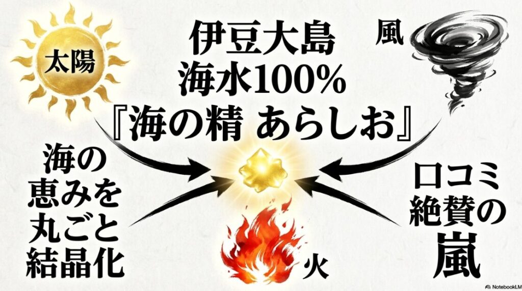 伊豆大島の 青い 海を 背景に 海の精 あらしお の パッケージが 威風堂々と 配置された 商品 紹介画像