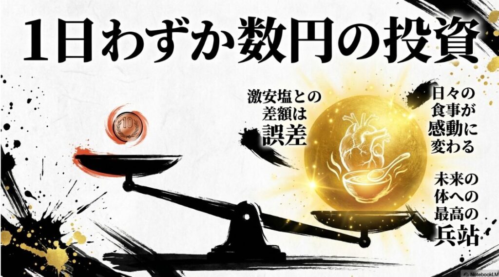 掌に 乗った 数枚の 小銭と 輝く 健康な 体の シルエットが 並び 圧倒的 コスパを 視覚化した 比較画像
