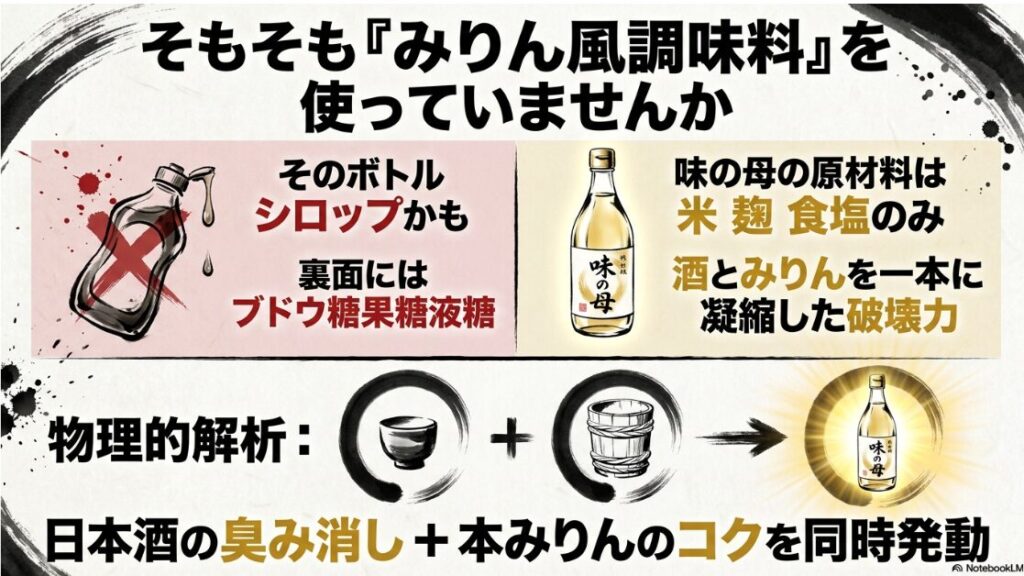  偽物の 正体 ブドウ糖果糖液糖の 警告マークと 本物の 証である 米 米麹 食塩の 黄金比を 示す 比較図 日本酒の 臭み消しと 本みりんの コクが 融合する 瞬間を アイコン化