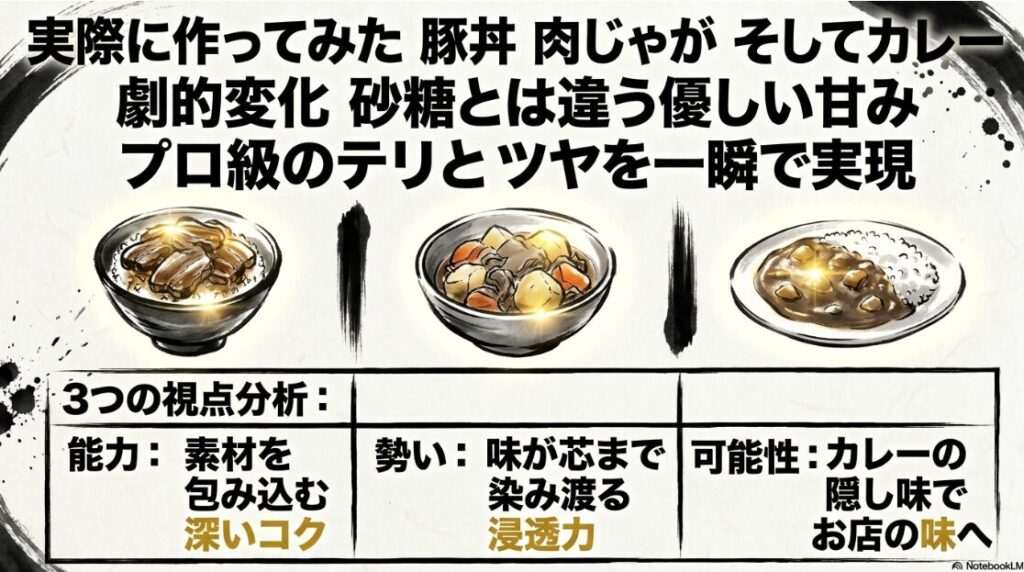 物理的 負荷を 軽減した 豚丼 肉じゃが カレーの 圧倒的な 照りと ツヤを 捉えた 勝利の 記録 能力 勢い 可能性を 象徴する 万能調理酒の 滴を 捉えた シネマティックな 構図