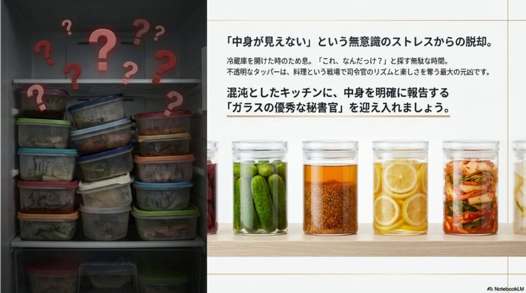 混沌としたキッチンの棚と、セラーメイトで秩序をもたらし整理整頓された棚のビフォーアフター比較画像