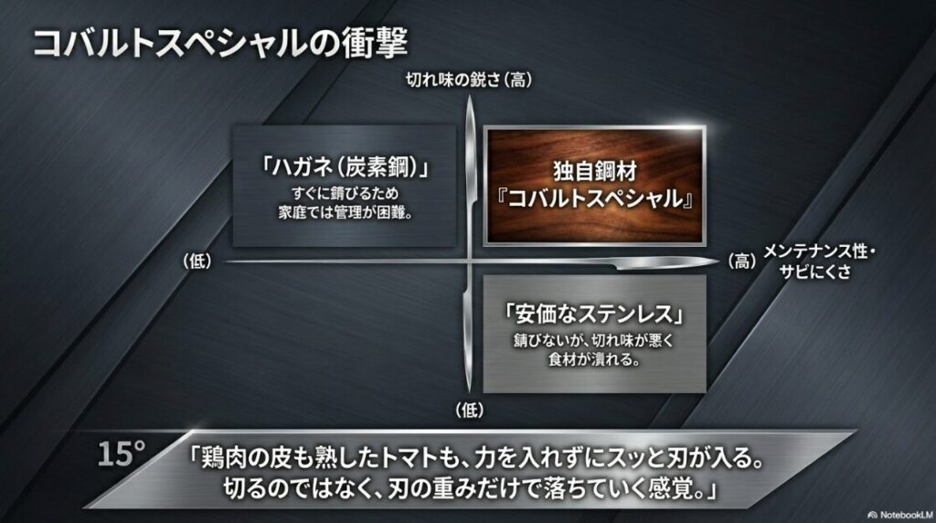 特殊鋼材『コバルトスペシャル』の性能を解説するスライド。ステンレスの錆びにくさと、炭素鋼（ハガネ）のような鋭い切れ味を両立。熟したトマトや鶏肉の皮が、力を入れず刃の重みだけでスッと切れる『包丁選びの終着駅』としての実力を強調している