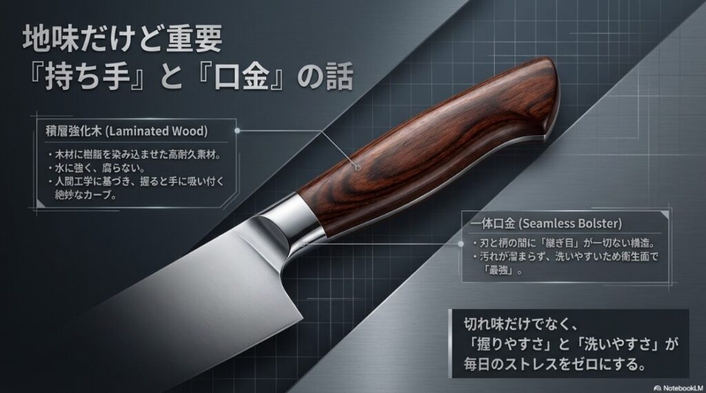 包丁の衛生面と耐久性を支える構造の図解スライド。樹脂を染み込ませた高耐久素材『積層強化木』のハンドルと、刃と柄の間に継ぎ目がない『一体口金』を紹介。水に強く腐らない耐久性と、汚れが溜まらない最強の衛生面を解説している