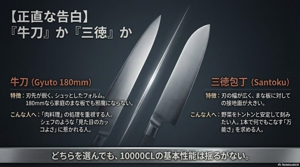 牛刀と三徳包丁の選び方をアドバイスするスライド。見た目のカッコよさと肉料理重視なら『牛刀（180mm）』、野菜の切りやすさと万能さを求めるなら『三徳包丁』を推奨。司令官自身の経験に基づき、どちらを選んでも10000CLの性能は間違いないことを伝えている