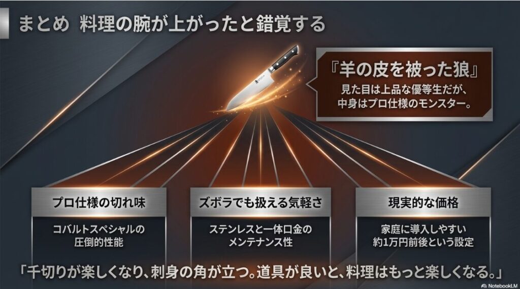 関孫六 10000CLの総評スライド。1万円前後という現実的な価格ながら、中身はプロ仕様の『羊の皮を被った狼』。千切りが楽しくなり、刺身の角が立つほど切れ味が向上することで、料理が『娯楽』に変わることを結論づけている