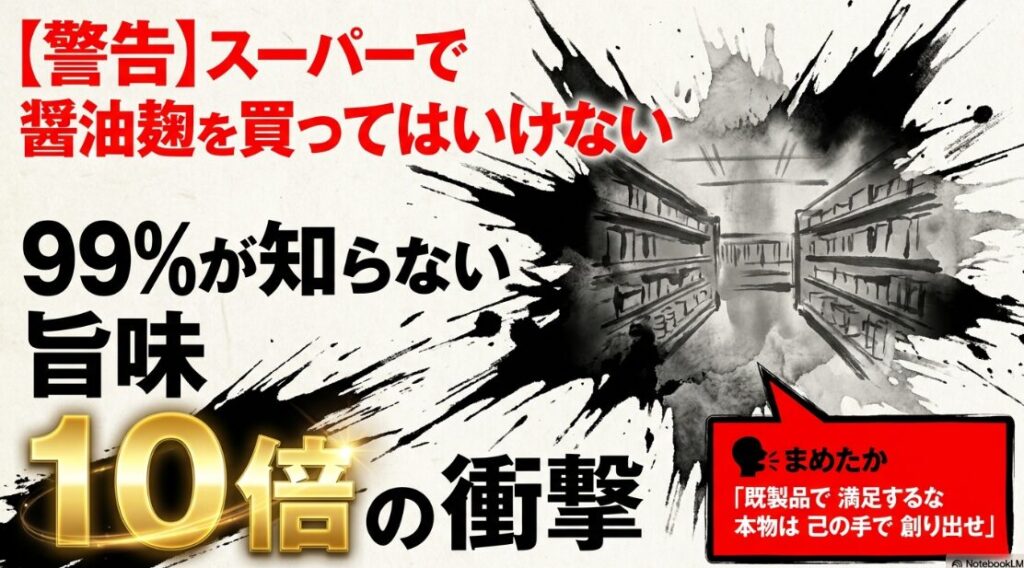 表紙 水墨画風の 豪快な 筆致で 描かれた 醤油瓶 警告を 象徴する 朱赤の 文字と 共に スーパーでの 購入を 禁じ 旨味 10倍の 衝撃を 予告する 視覚的制圧力を 備えた 表紙