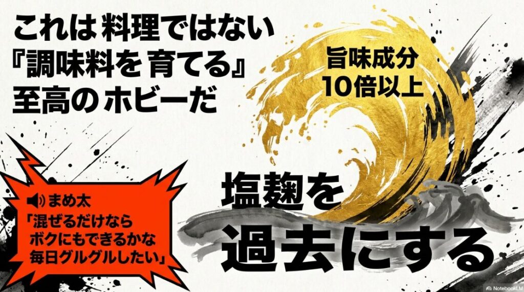 旨味の定義 墨汁が 激しく 飛び散り 旨味成分が 爆発するような 抽象的 水墨画 塩麹を 過去にする 圧倒的 旨味と これは 料理ではなく 『育てるホビー』 であるという 宣言
