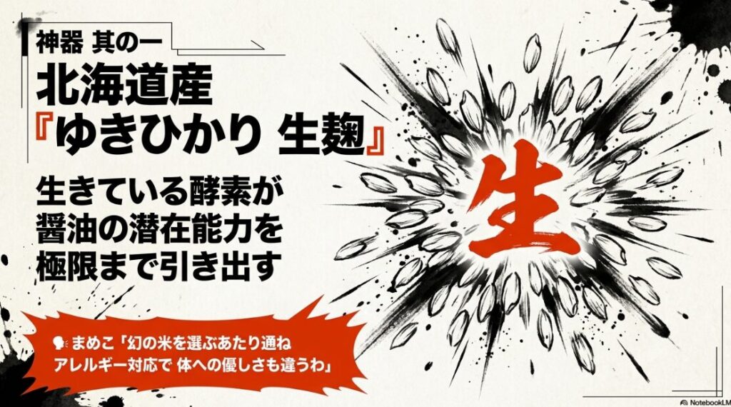 神器 其の一 北海道産 ゆきひかり生麹の 粒を 繊細かつ 力強い 墨線で 描写 生きている 酵素の 輝きを 金色で 表現し 醤油の 潜在能力を 引き出す 最初の 神器を 紹介