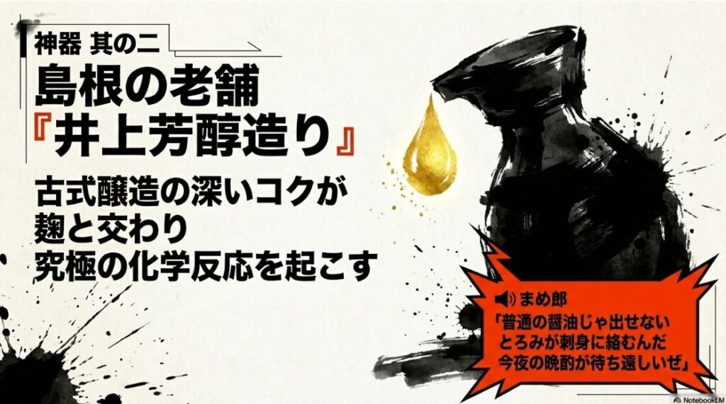 神器 其の二 島根の 老舗 井上醤油の 重厚な 佇まいを 水墨画で 表現 古式醸造の 伝統と 麹が 起こす 究極の 化学反応を 予感させる 二つ目の 神器の 威光