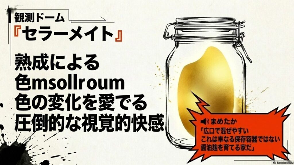 観測ドーム 透明な セラーメイトの 瓶を ミニマルな 筆致で 描写 熟成による 色の 変化を 愛でる 視覚的快感と 道具への 拘りを 説く 観測ドームの 意義
