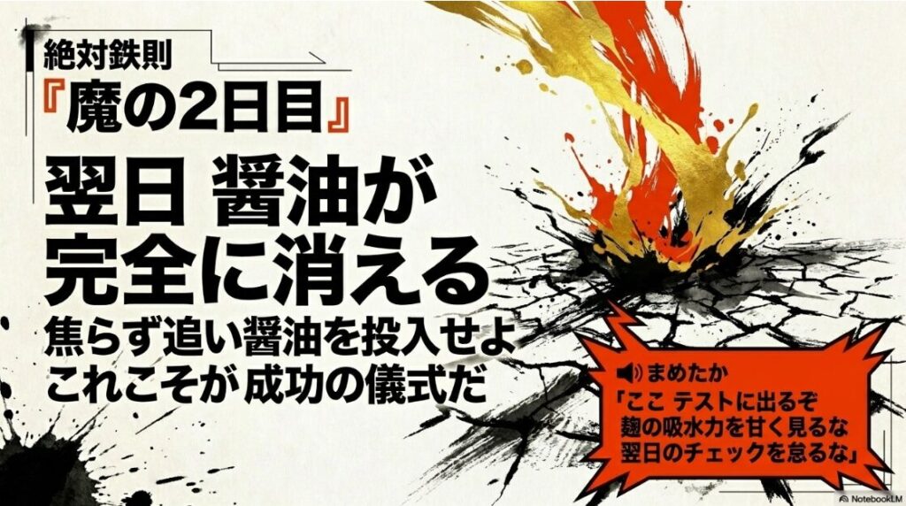 魔の2日目 醤油を 吸い尽くし 乾いた 麹の 危機的 状況を 赤い 墨の 飛沫で 表現 焦らず 追い醤油を 投入する 成功への 儀式を 説く 最重要の 鉄則