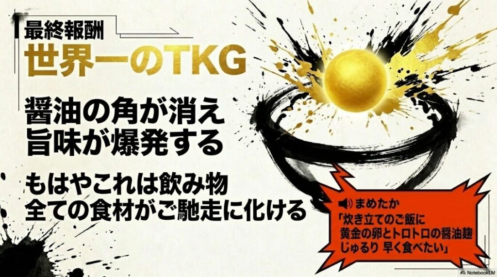 黄金の報酬 炊き立ての 米に 黄金色の 卵と 漆黒の 醤油麹が 乗った 官能的な 水墨画 全ての 食材を ご馳走に 変える 究極の 卵かけご飯という 報酬