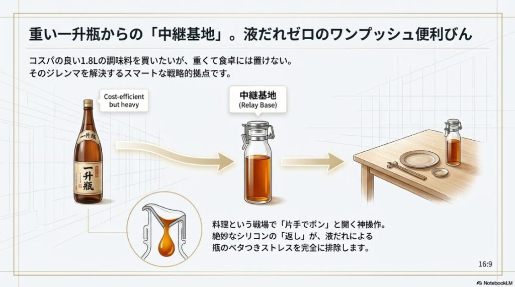 片手操作が可能なワンプッシュ便利びんと、中継基地としての役割を示す一升瓶のサイズ比較画像