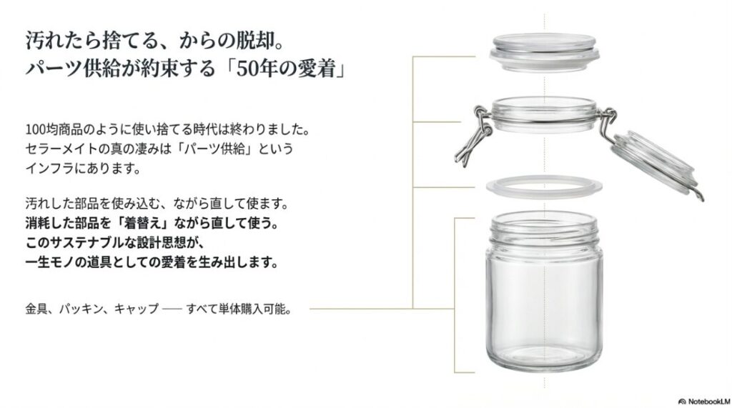 セラーメイトの交換用キャップ、パッキン、金具のパーツ一覧。修理して長く使い続けられるサステナブルな構造