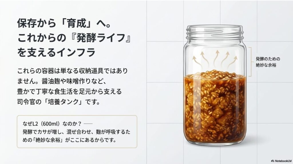 醤油麹や味噌作りに最適なセラーメイトの保存瓶が並ぶ、丁寧な発酵ライフのイメージ画像