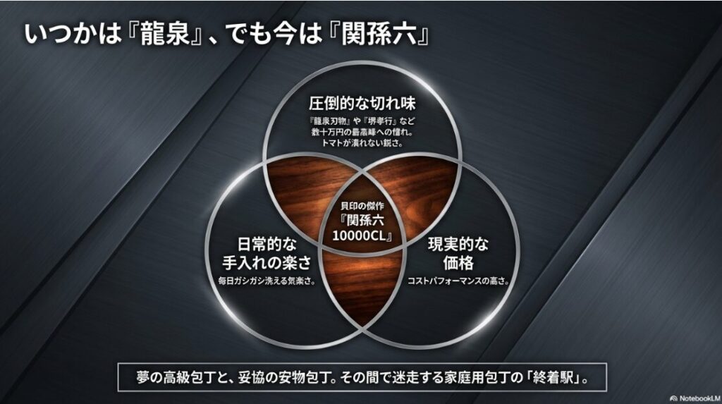 高級包丁への憧れと現実的な選択を比較したスライド。数十万円する『龍泉刃物』や『堺孝行』への夢を語りつつ、家庭でガシガシ使えて手入れが楽、かつトマトが潰れない切れ味を持つ『関孫六 10000CL』が、コストパフォーマンス・切れ味・手入れのしやすさを兼ね備えた家庭用の最適解であることを示している
