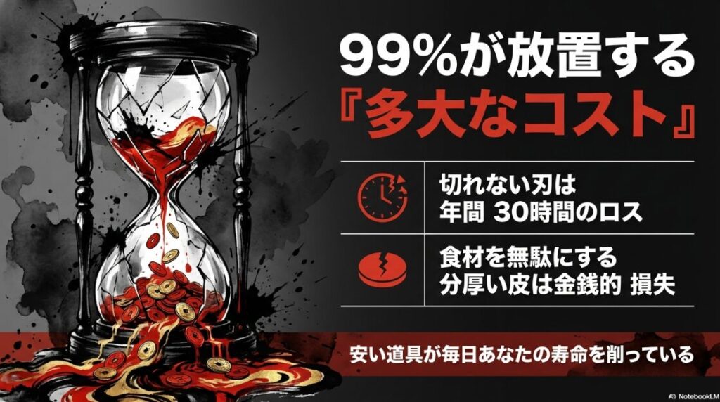切れない刃がもたらす 年間30時間の時間ロスと 食材の無駄による金銭的損失を 物理的な負債として アイコンで視覚化した 警告図解