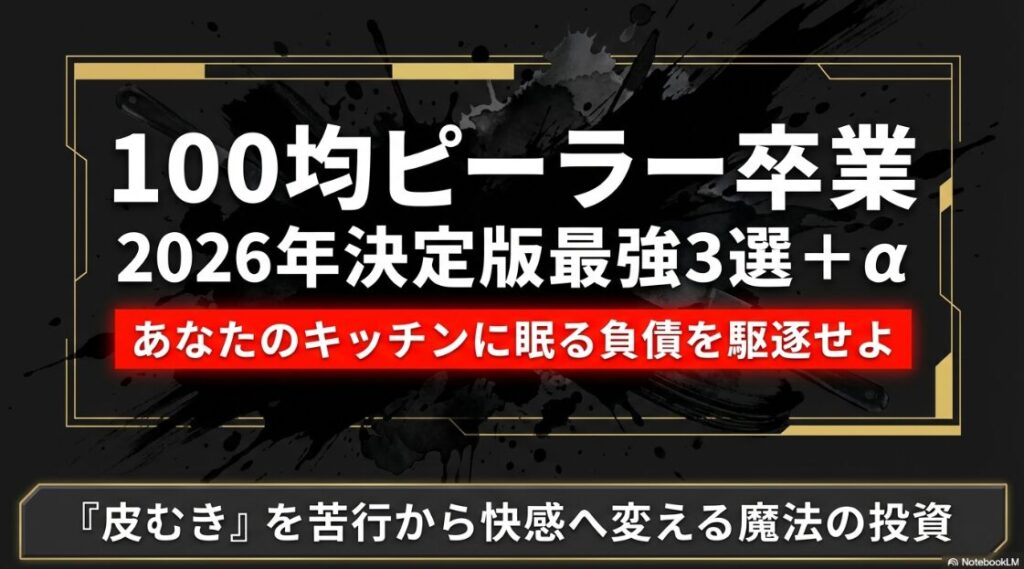 2026年最新版 ピーラー比較記事の表紙 100均ピーラーを卒業し 毎日の料理を快感に変えるための 魔法の投資を提案する 視覚的キャッチコピー