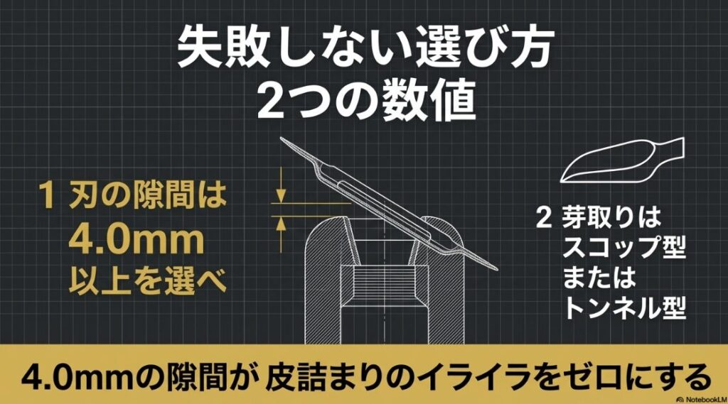 失敗しないピーラー選びの 2つの黄金律 皮詰まりを防ぐ 4.0mm以上の隙間と 軽い力で抜ける スコップ型芽取りの 構造を解説した テキスト図解