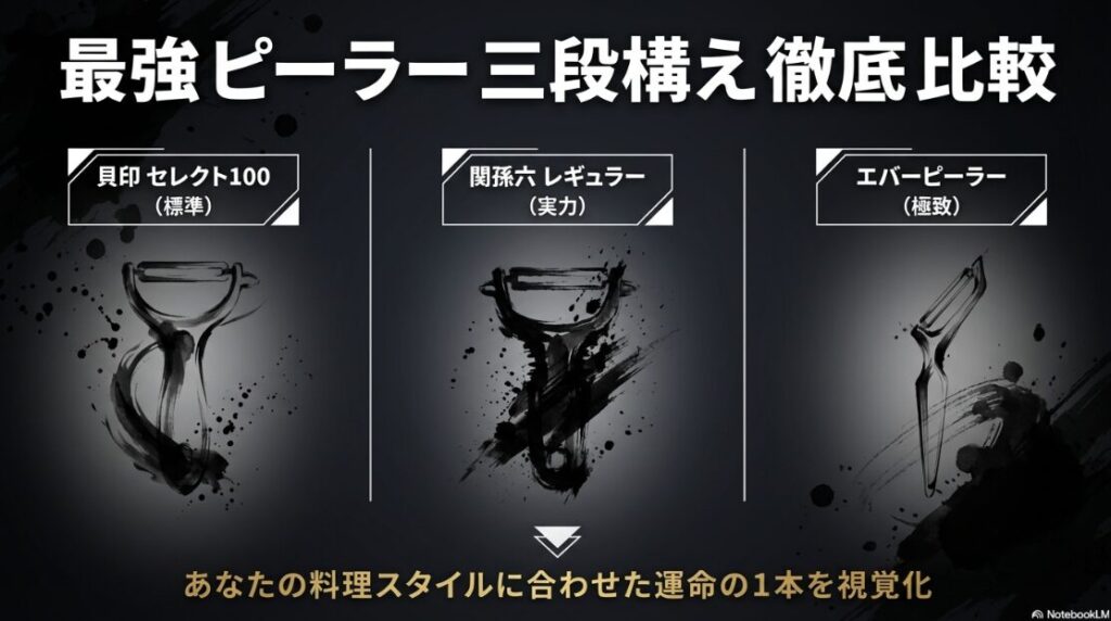 貝印 セレクト100 関孫六 レギュラー エバーピーラーの3機種を 能力 勢い 可能性の 3つの視点で 徹底比較した 戦略的な 性能一覧表