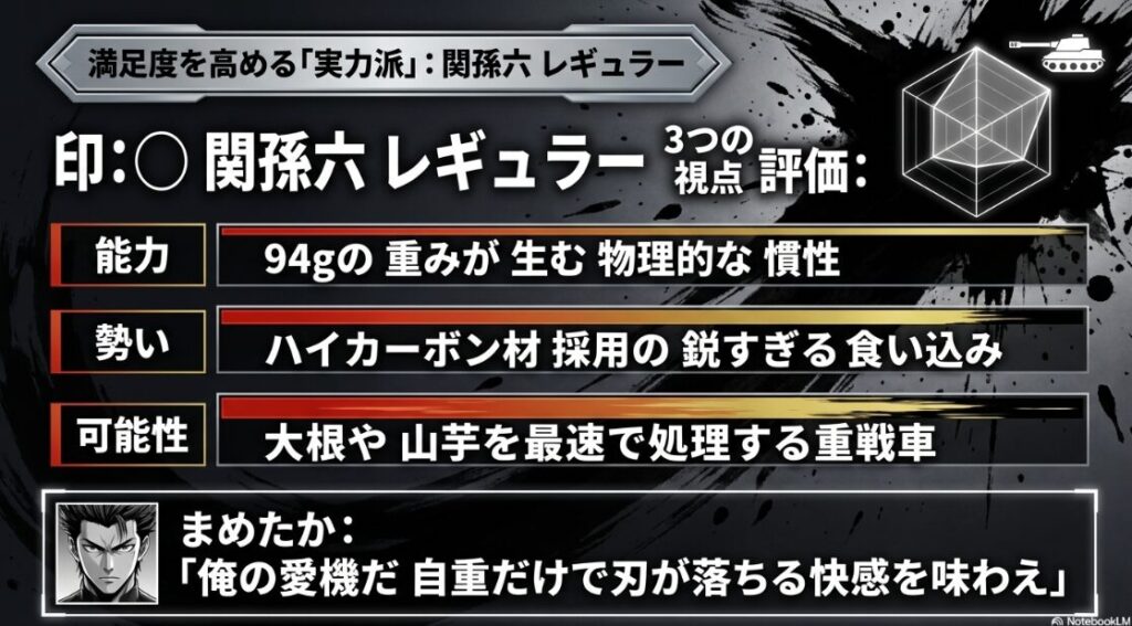 満足度を高める「実力派」：関孫六 レギュラー 実利派に捧ぐ 重戦車 関孫六 レギュラーの紹介 94gの自重だけで 刃が落ちる 物理的な慣性と キャラクター まめたかによる 安定感の 推奨コメント