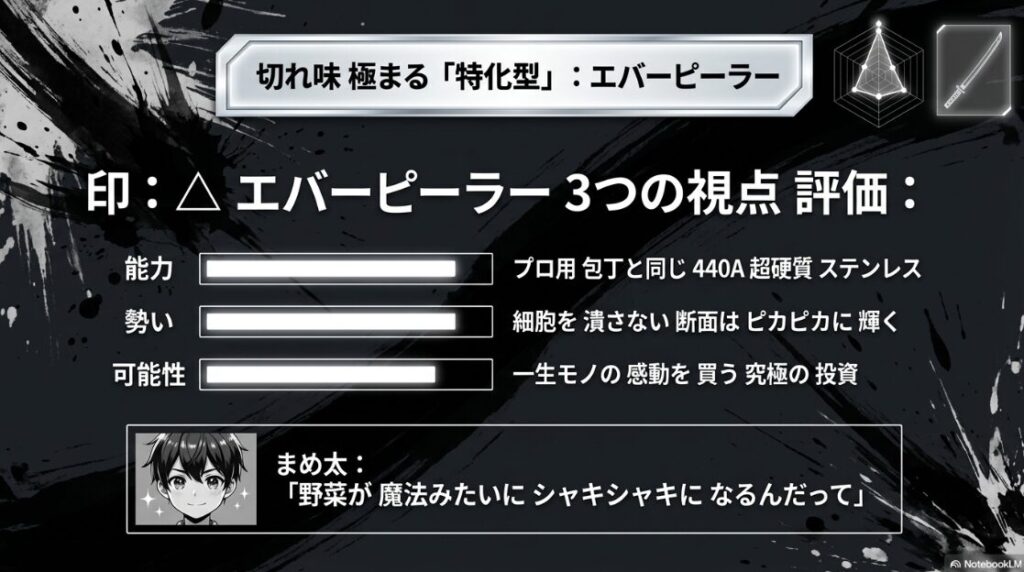 切れ味極まる「特化型」：エバーピーラー 究極を求める美食家へ贈る エバーピーラーの紹介 プロ用包丁と同じ 440A超硬質ステンレスが 生む ピカピカの断面と キャラクター まめ太による 感動の叫び