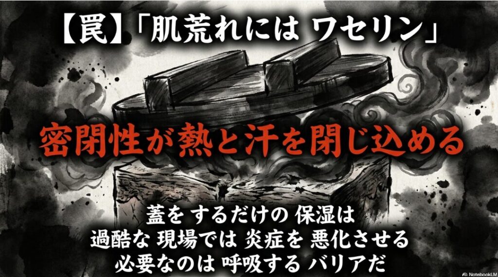 ワセリンの 落とし穴 密閉性が 汗と 熱を 閉じ込め 炎症を 悪化させる 解説 激しい 黒い 墨の 飛び散りと 現場の 過酷さを 示す 赤い ニュアンス