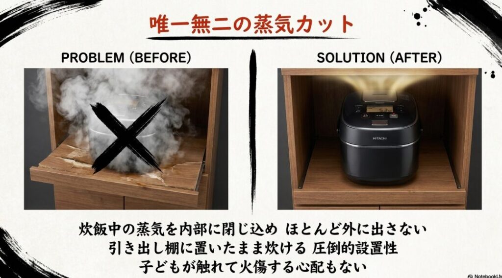 炊飯中の蒸気をほとんど出さない日立独自の利便性を強調。キッチン棚のスライドテーブルに置いたまま炊ける、家具を守るための絶対条件を解説