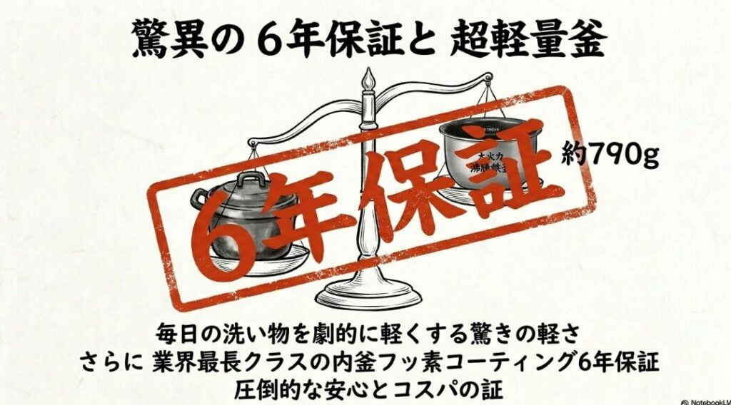 業界最長クラスである「内釜フッ素コーティング6年保証」を提示。長く使う一般家庭にとっての圧倒的な安心感とコストパフォーマンスをアピール。