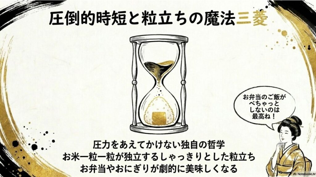 菱のNJ-VP10Hが採用する、10万円の炭釜理論を再現したコーティング技術の解説。炭の弱点を克服しつつ遠赤外線効果を継承した5層厚釜の蓄熱性を紹介
