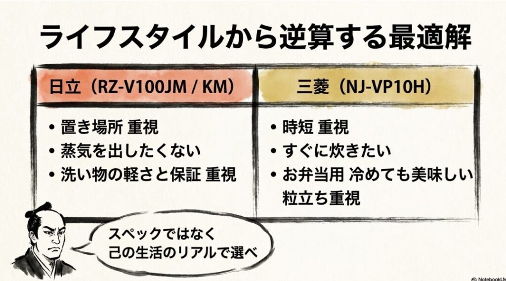 日立（RZ-V100JM）と三菱（NJ-VP10H）を、炊飯時間・食洗機対応・パーツ数・フタ開け時の高さなどで直接比較。一目で違いがわかる表形式の画像