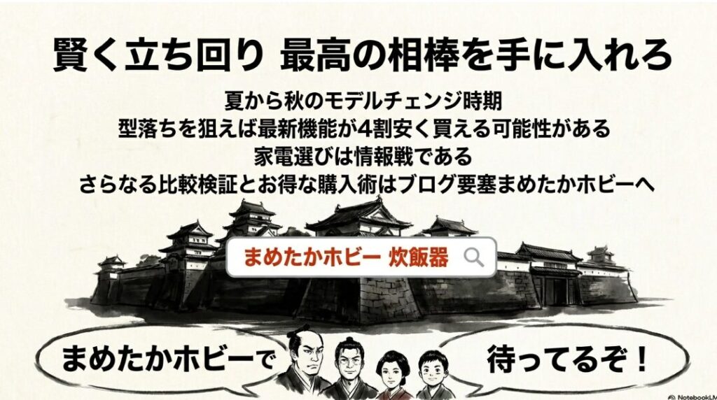 知名度ではなく機能の合理性で選ぶ「まめたか流」のまとめ。夏から秋の型落ち時期を狙う裏技をまめたかが伝授し、詳細はブログ要塞「まめたかホビー」で検索を促すエンディング