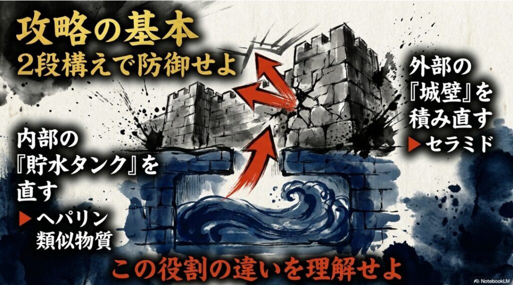 肌バリア 再構築 戦略 貯水タンクと 城壁の 概念図 内部を 修復する ヘパリン類似物質と 外部を 守る セラミドの 役割 分担の 視覚化