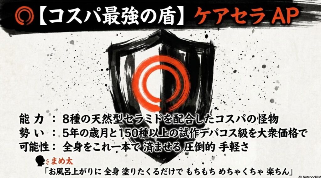 ◎ コスパ最強の 盾 主力兵器 ケアセラ AP フェイス&ボディ乳液 8種の 天然型セラミドを 配合した 潤いの 障壁を 象徴する 墨絵 まめ太の 評価コメント
