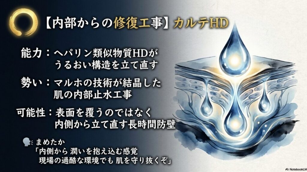 ◯ 内部からの 修復工事 修復兵器 カルテHD 高保湿フェイス&ボディローション ヘパリン類似物質HDによる 内部止水工事を 象徴する 動的な 墨の 流れ まめたかの 評価コメント